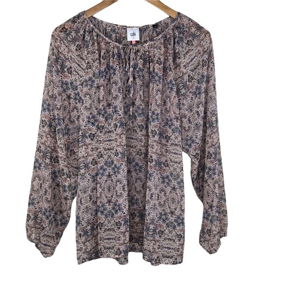 CAbi Sienna 5028 Peasant Blouse Floral Chiffon Relaxed Fit Tan Pink Size Small - Picture 2 of 6